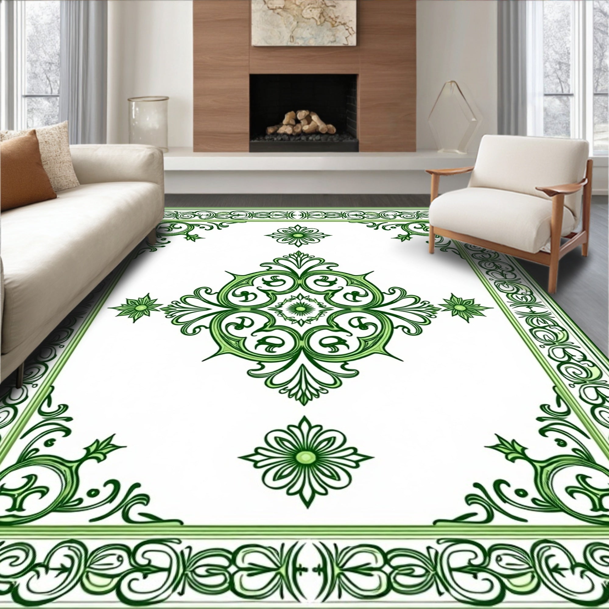 Elegant Green Floral Border Design Rug