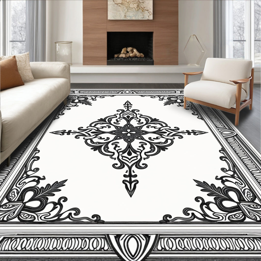 Intricate Black Floral Border Design Rug
