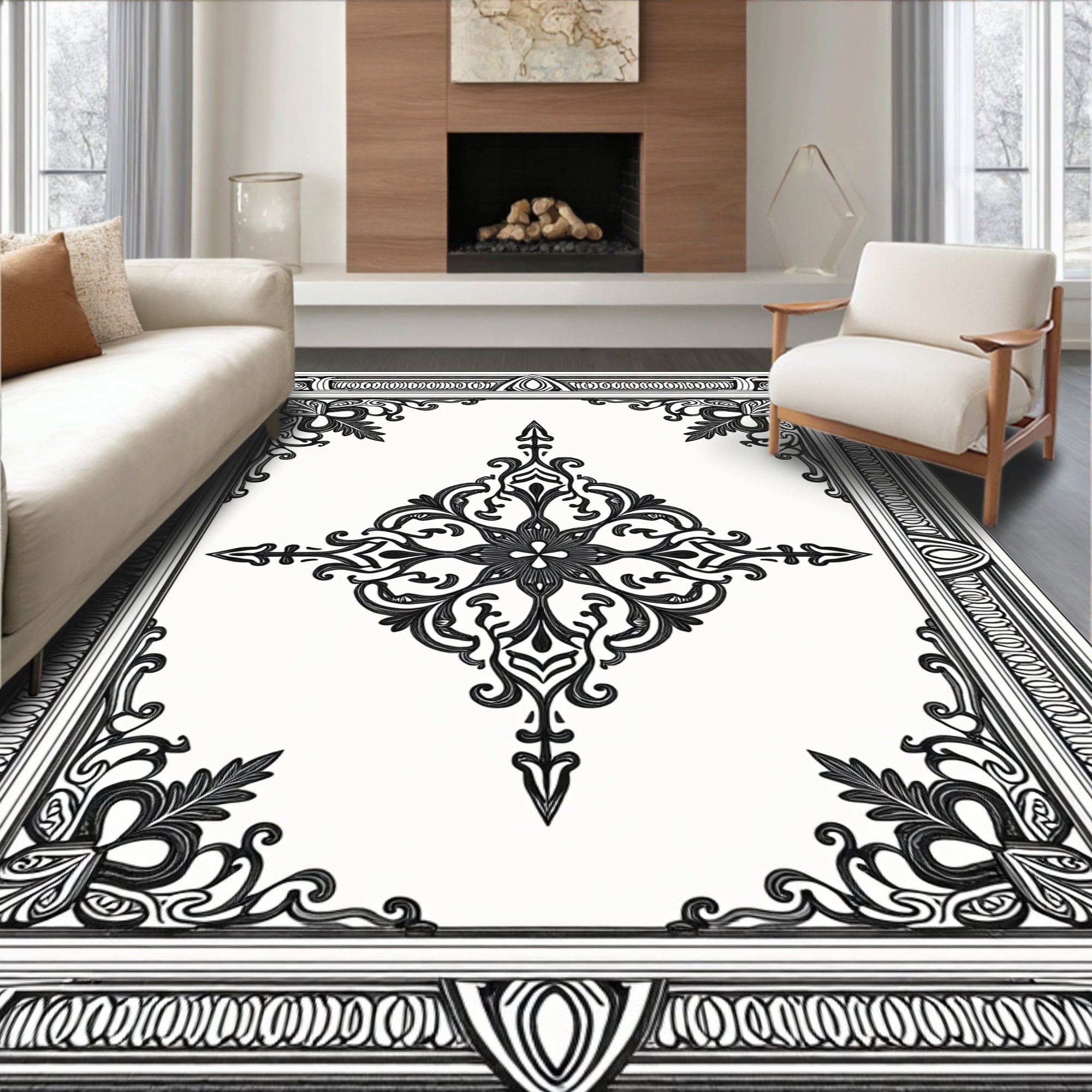 Intricate Black Floral Border Design Rug