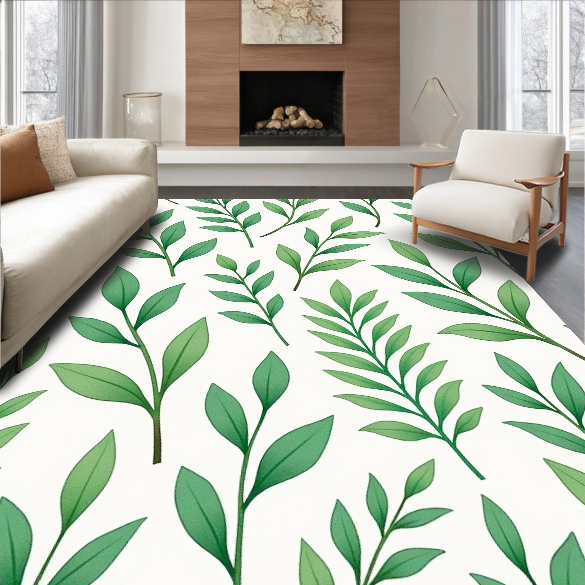 Spring Green Leafy Branch Pattern Rug