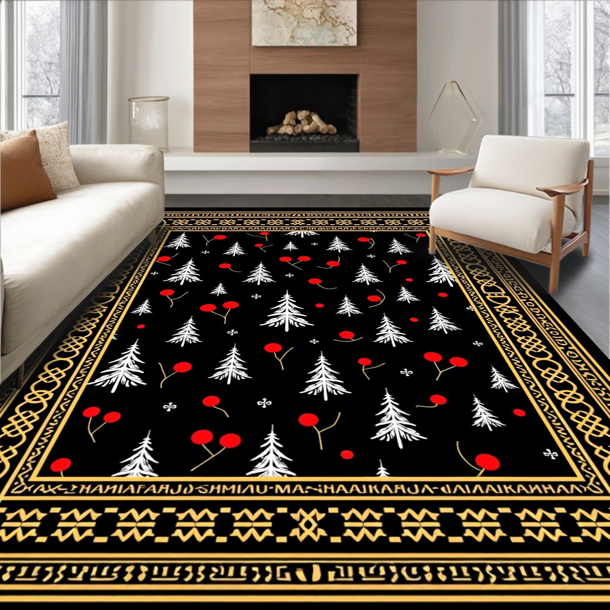 Golden Bordered White Trees Red Berries Rug