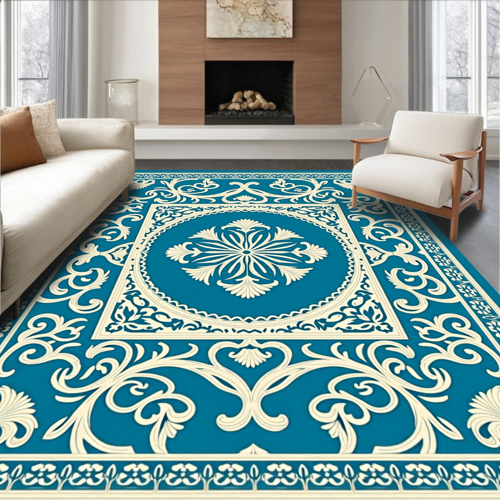 Teal Cream Scrollwork Floral Medallion Rug