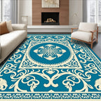 Teal Cream Scrollwork Floral Medallion Rug