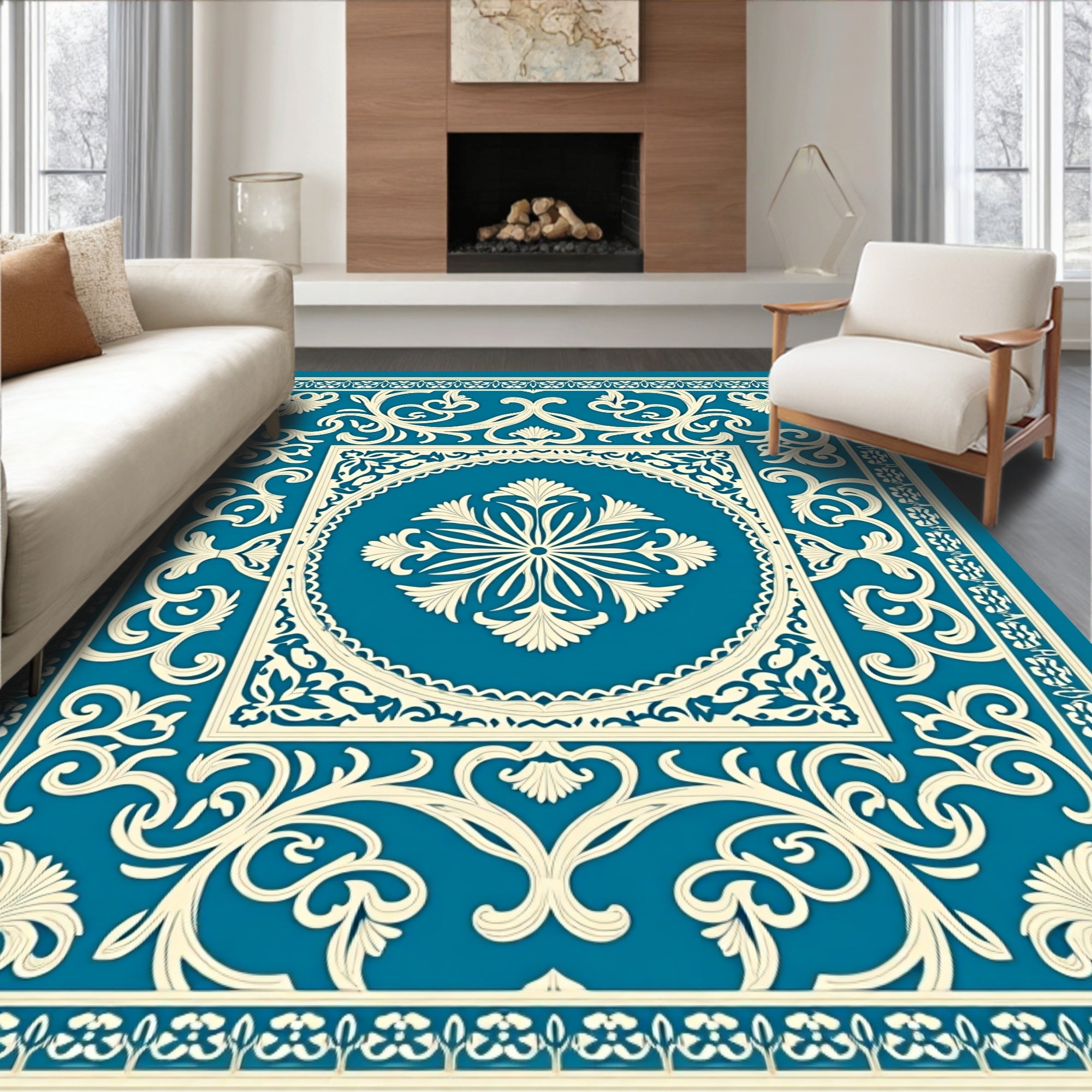 Teal Cream Scrollwork Floral Medallion Rug