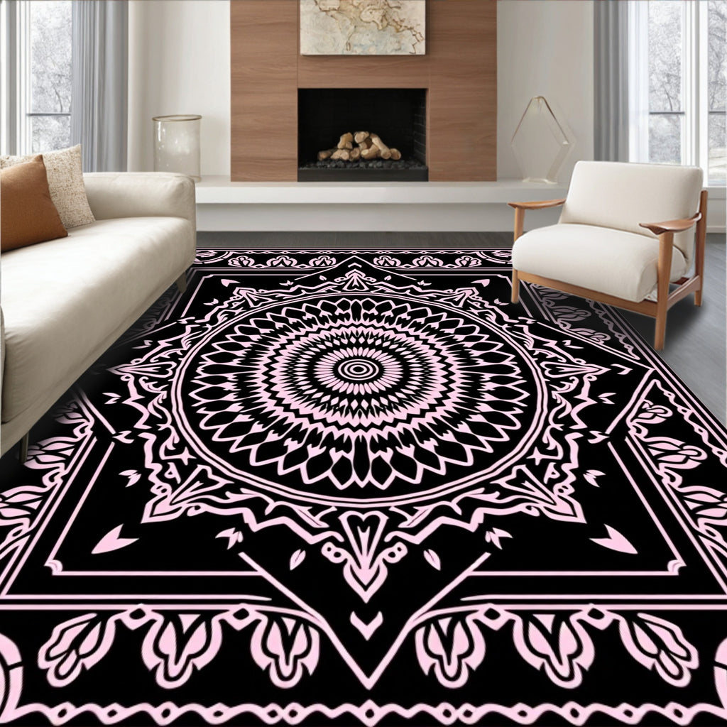 Black Pink Mandala Geometric Pattern Rug