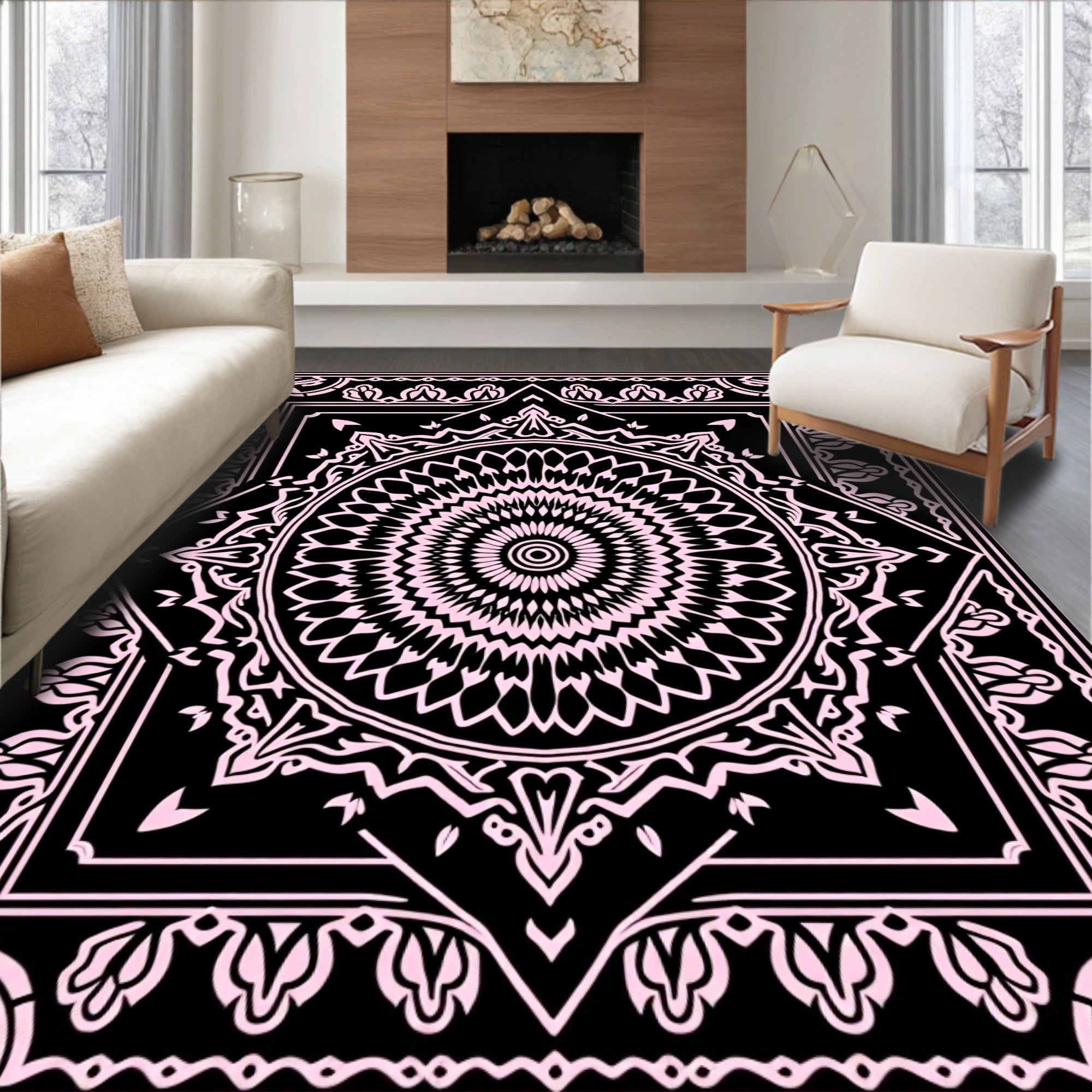Black Pink Mandala Geometric Pattern Rug