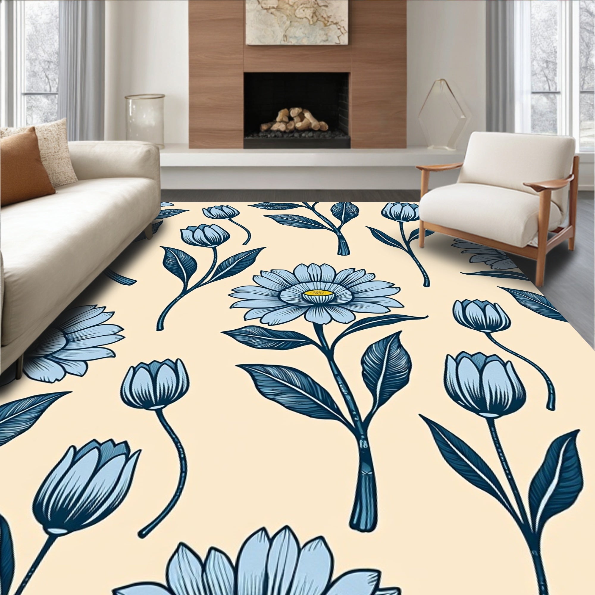 Light Blue Floral Botanical Pattern Rug