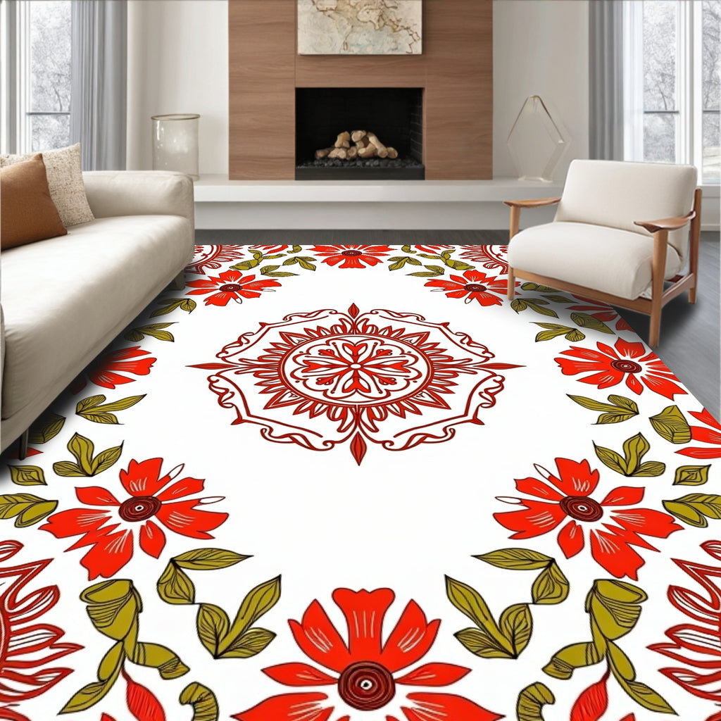 Red Floral Mandala and Leaf Pattern Rug
