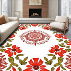 Red Floral Mandala and Leaf Pattern Rug