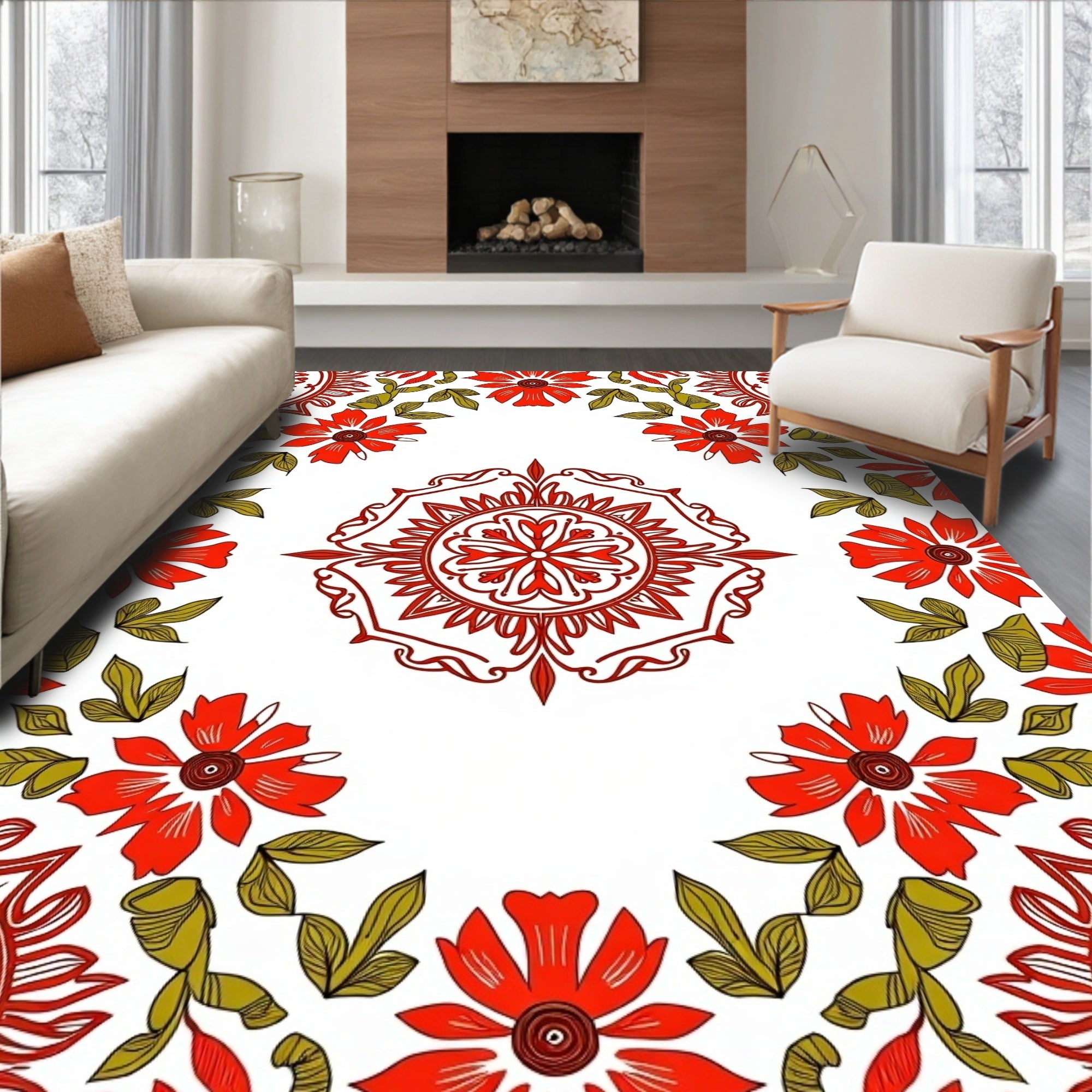 Red Floral Mandala and Leaf Pattern Rug