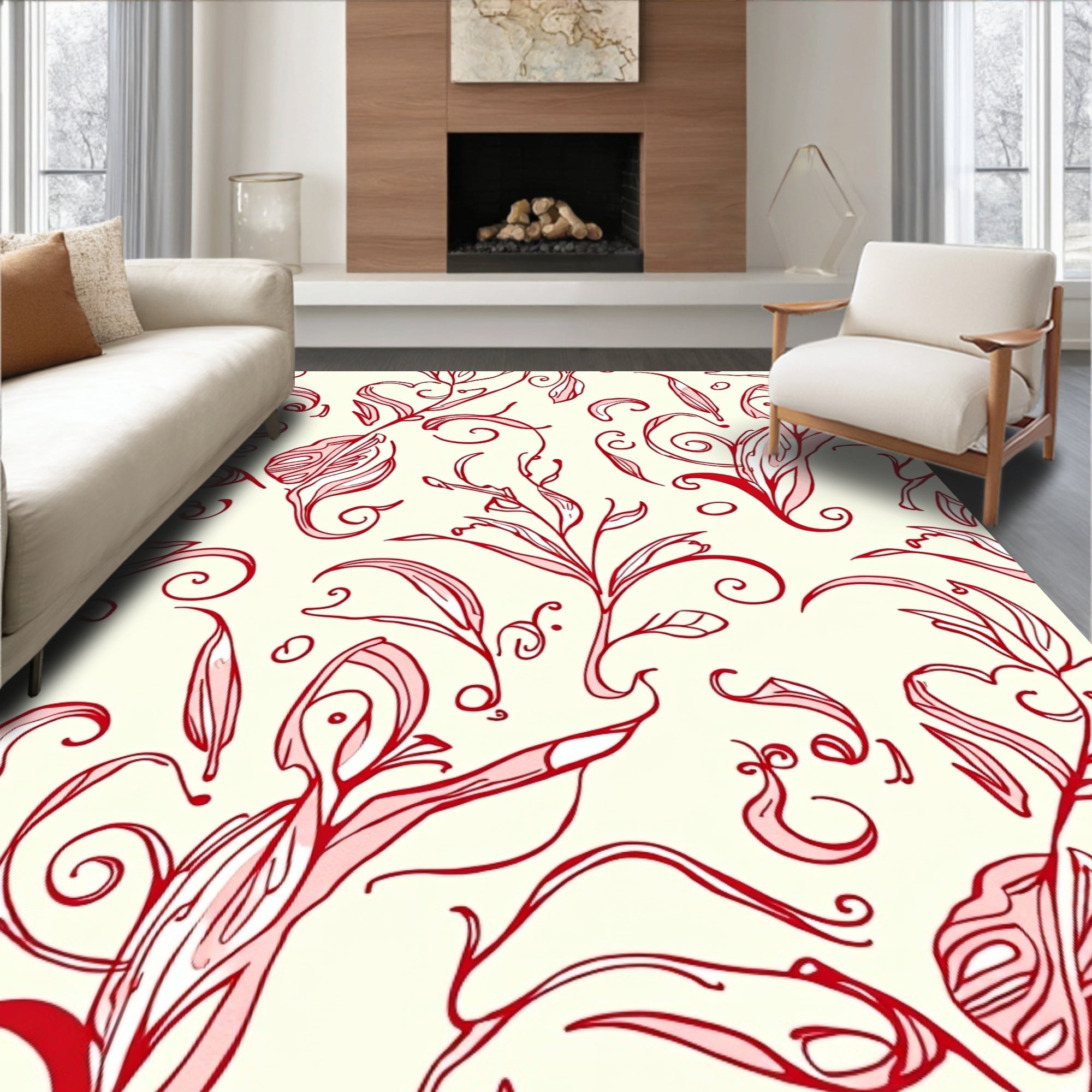 Red Swirl Botanical Pattern Rug