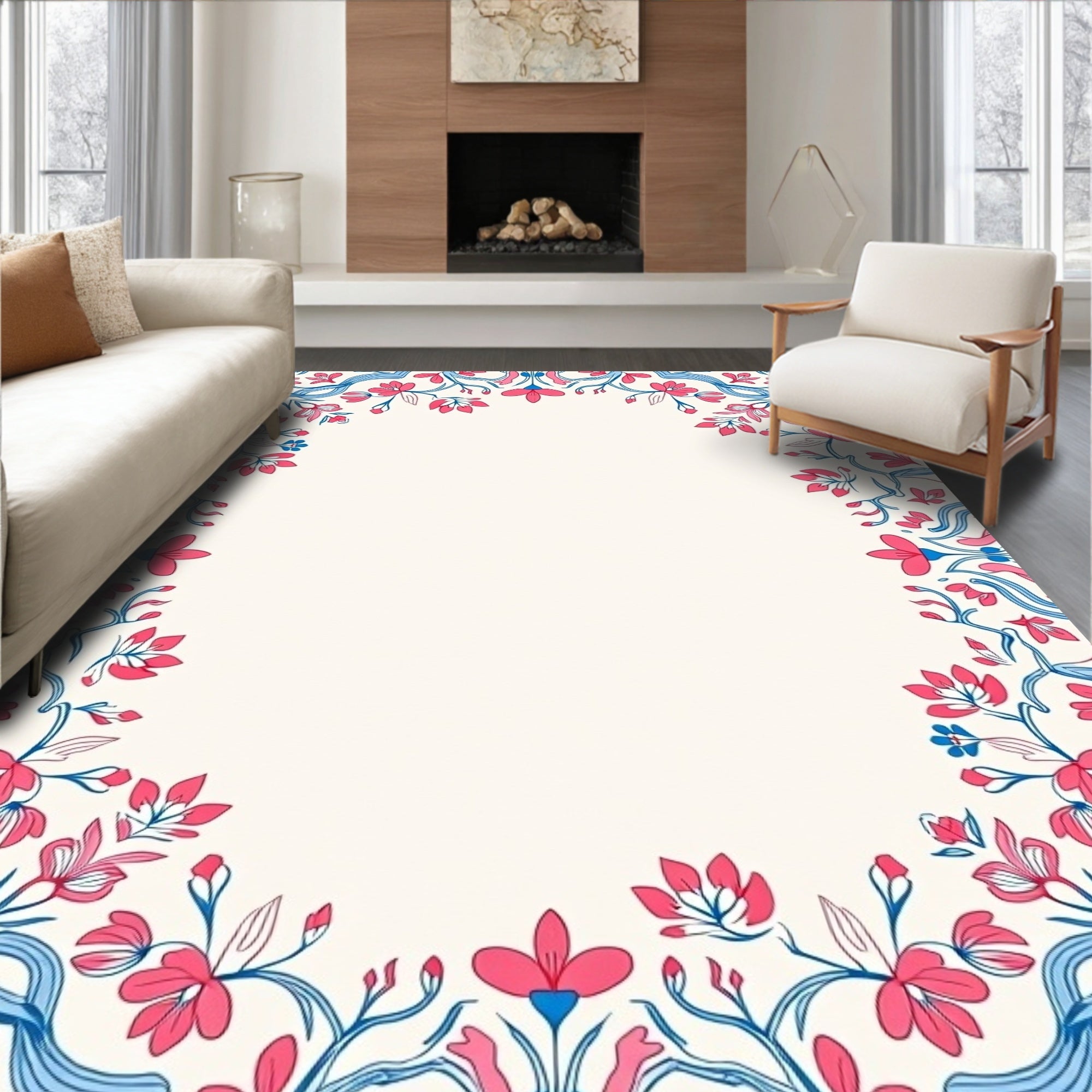 Pink Blue Floral Symmetry Rug