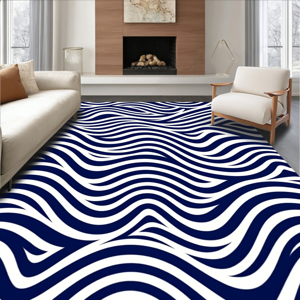 Modern Navy White Wave Pattern Rug