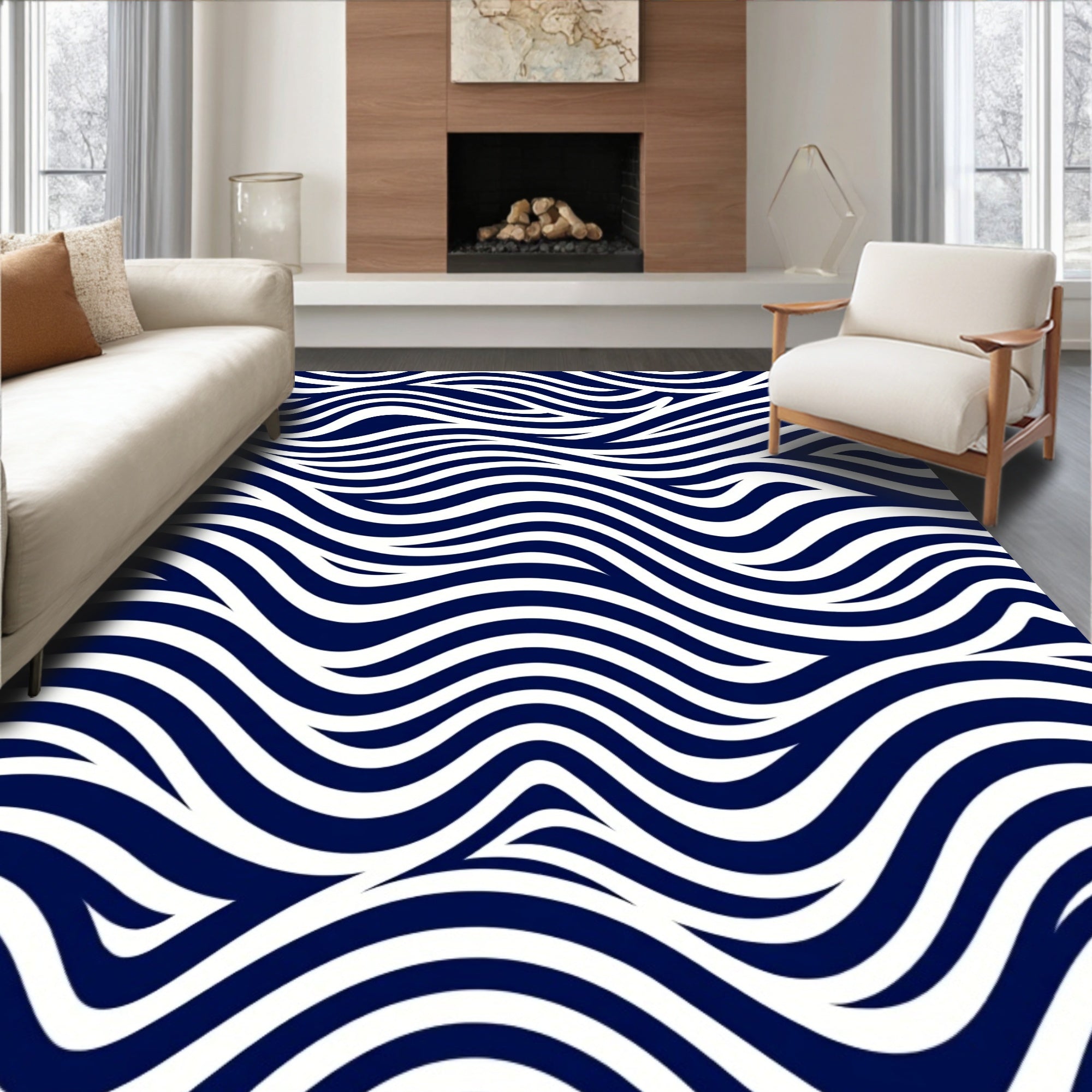 Modern Navy White Wave Pattern Rug