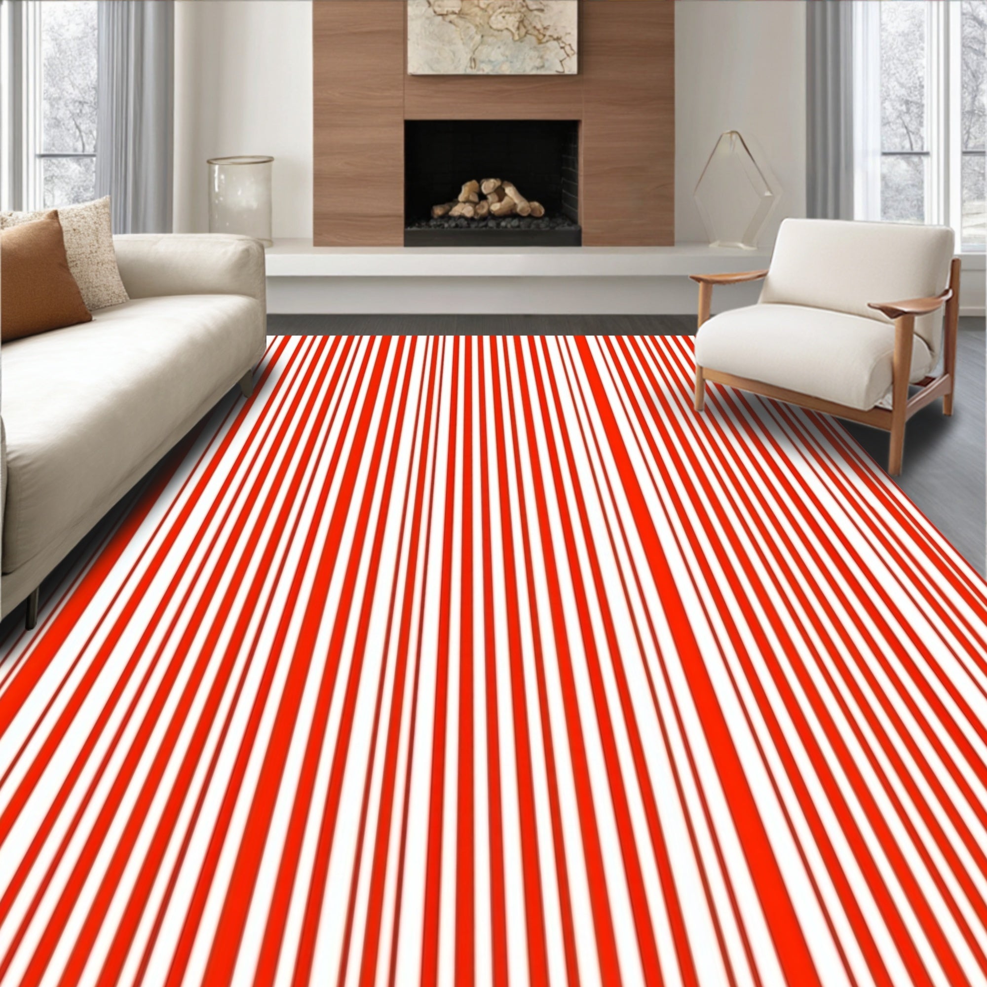 Red And White Vertical Stripe Design Rug