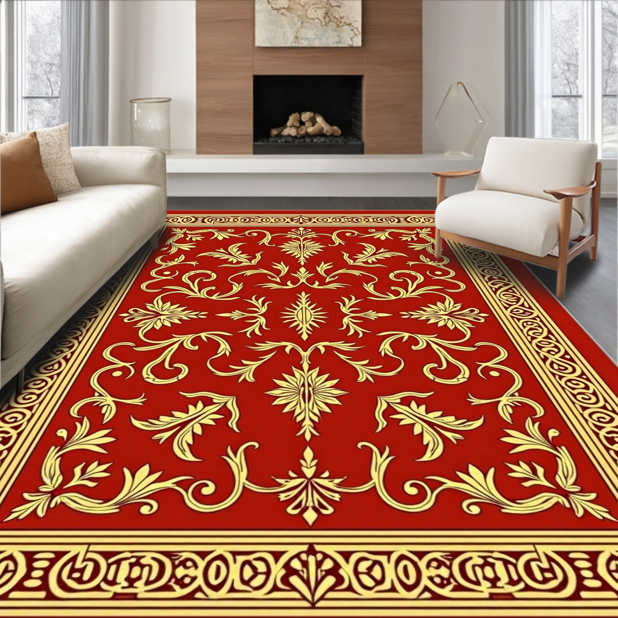 Elaborate Floral Red Gold Pattern Rug