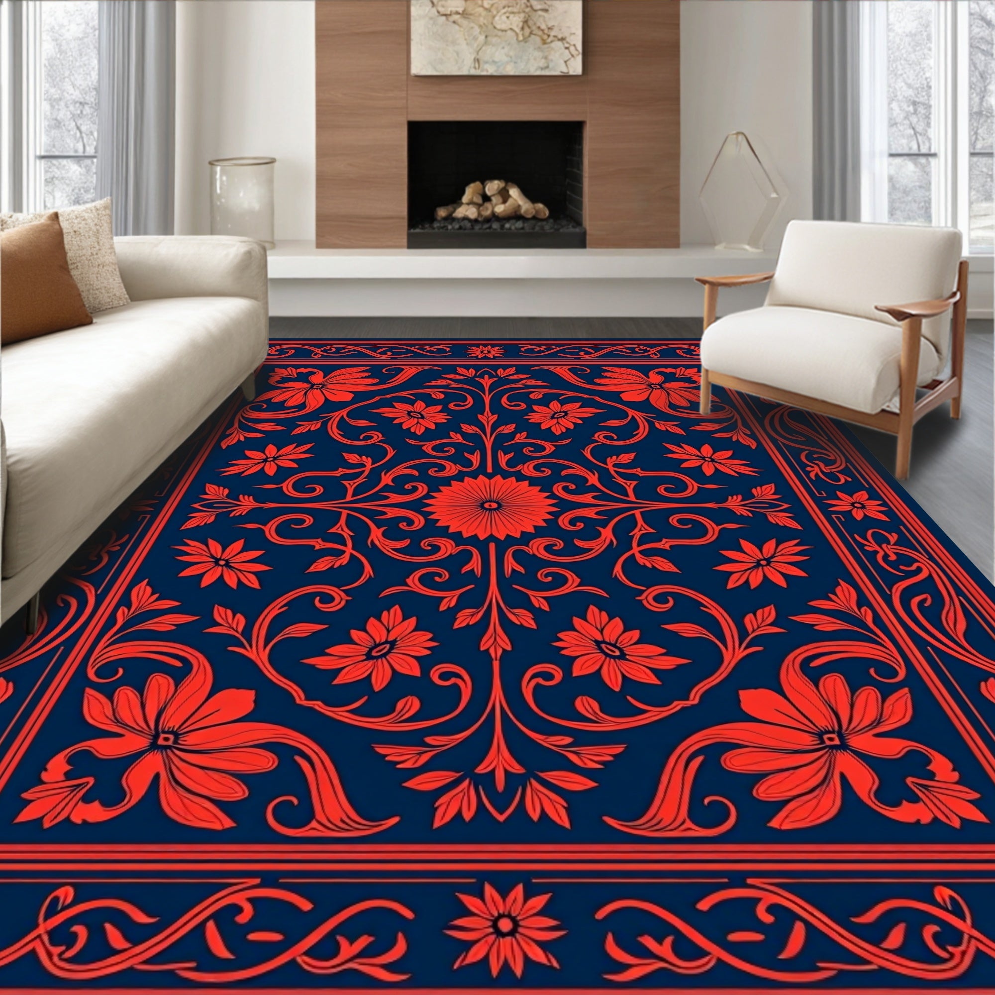 Crimson Floral Vine Pattern Rug