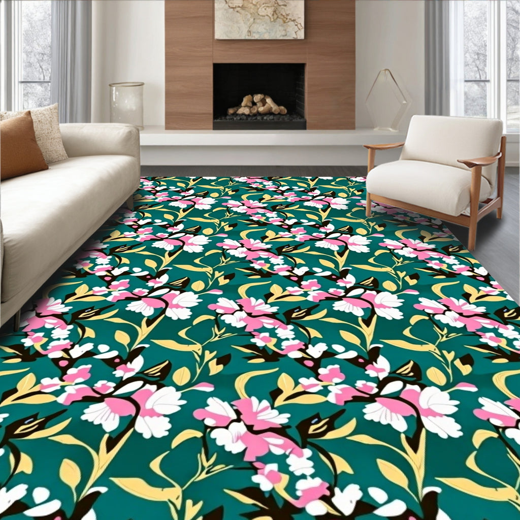 Floral Vines with Pink White Blossoms Rug