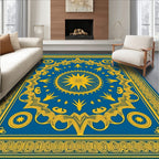 Blue Yellow Sunburst Medallion Border Rug