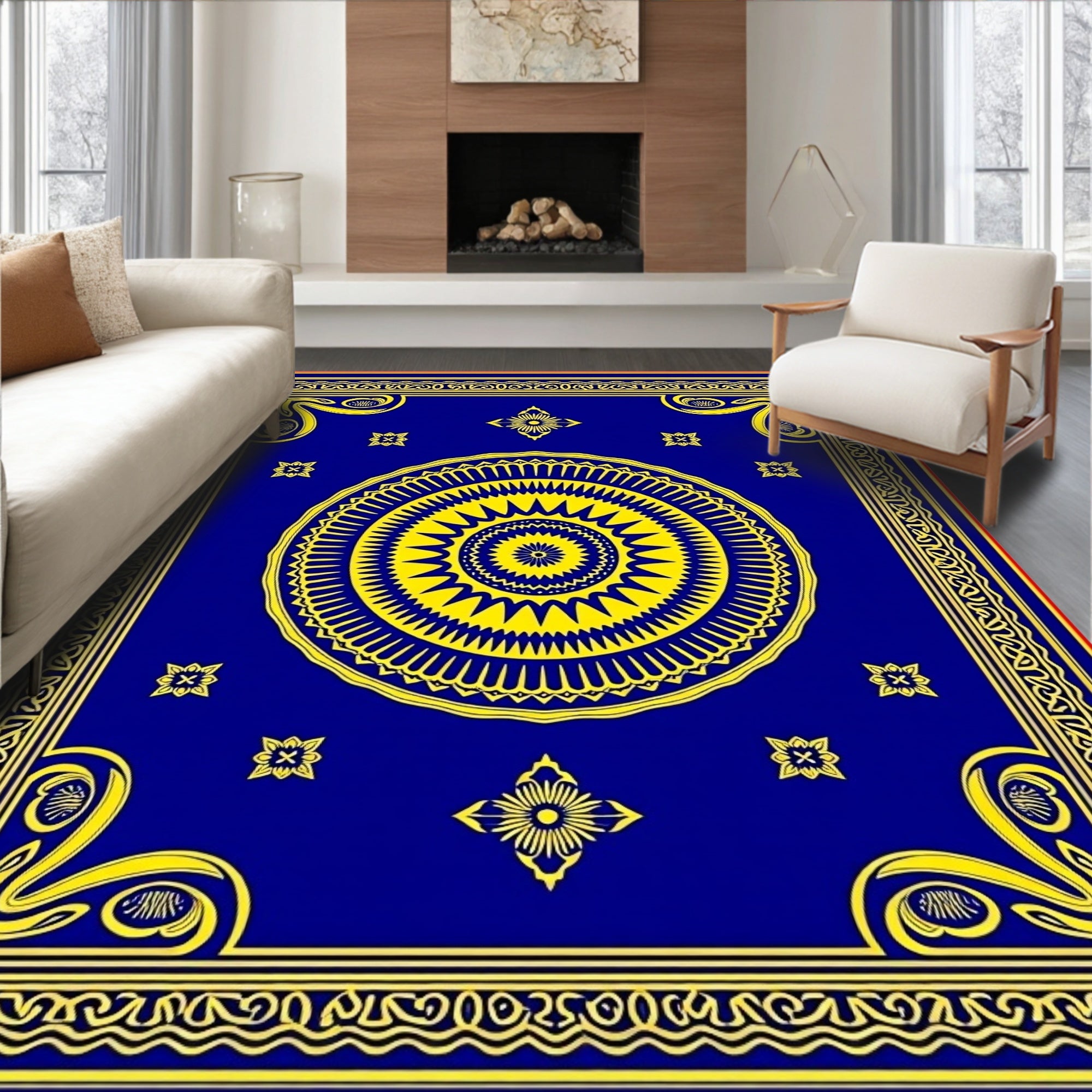 Royal Blue Yellow Sunburst Mandela Rug
