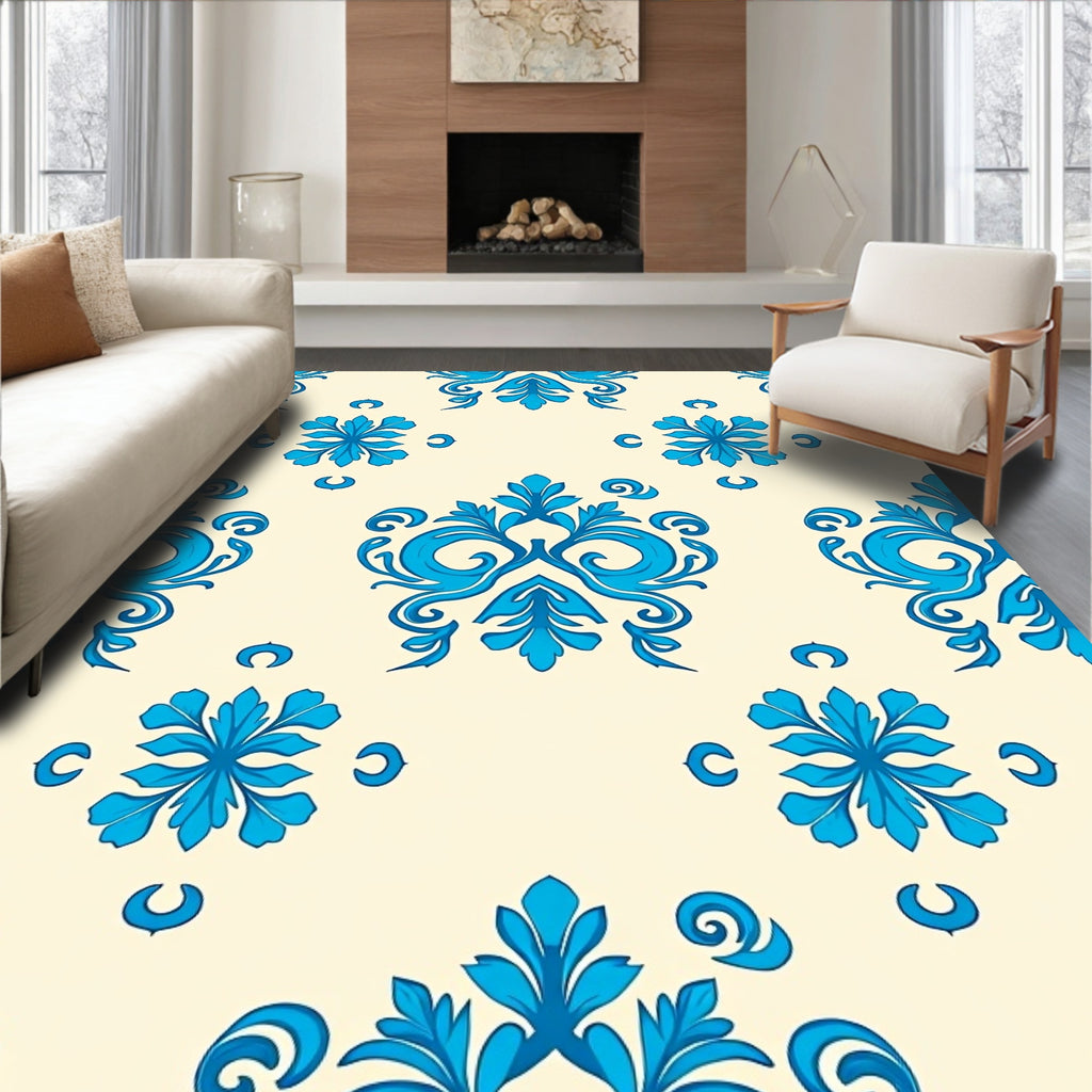 Elegant Blue Floral Damask Pattern Rug