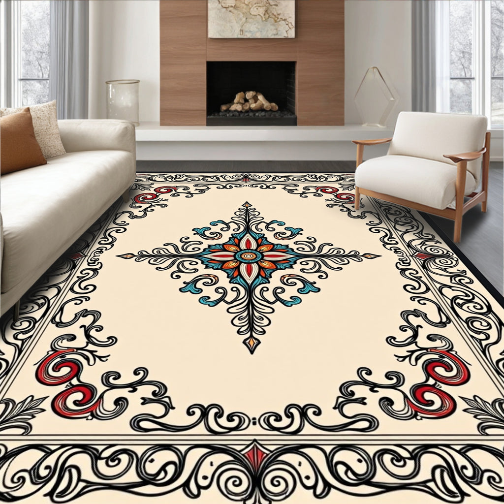 Ornate Floral Medallion Border Design Rug