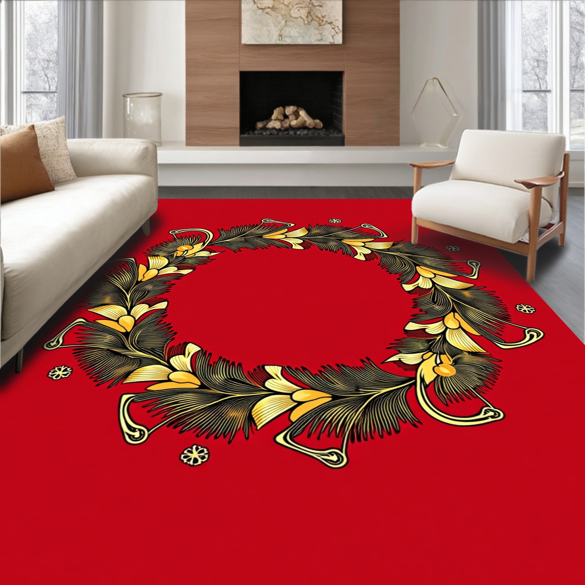 Art Nouveau Red and Gold Floral Wreath Rug