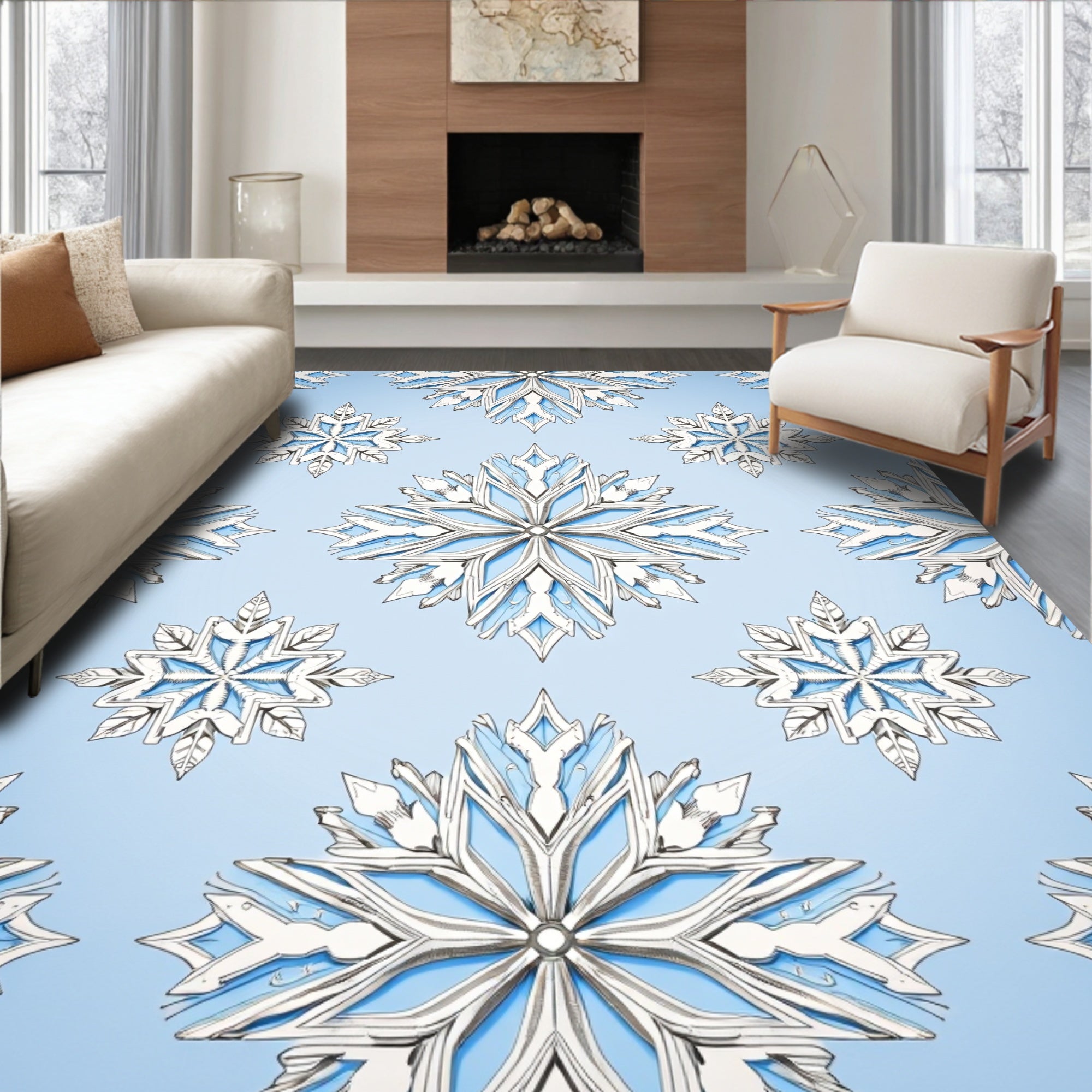 Blue White Snowflake Repeat Rug