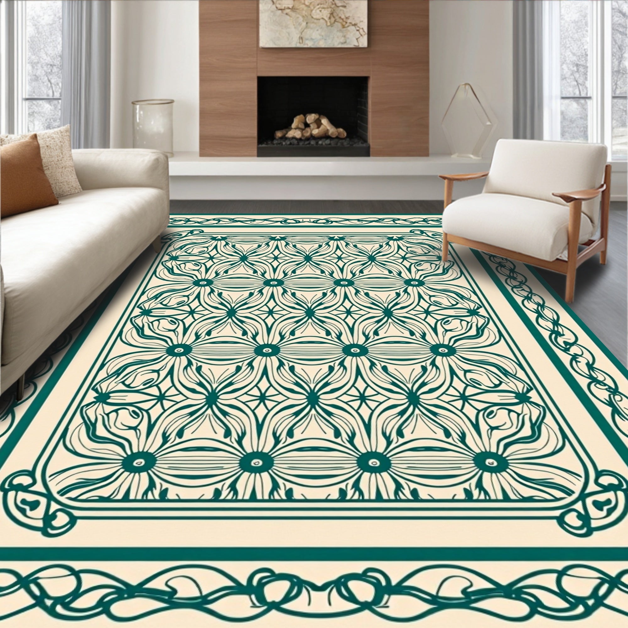 Elegant Teal Floral Pattern Rug