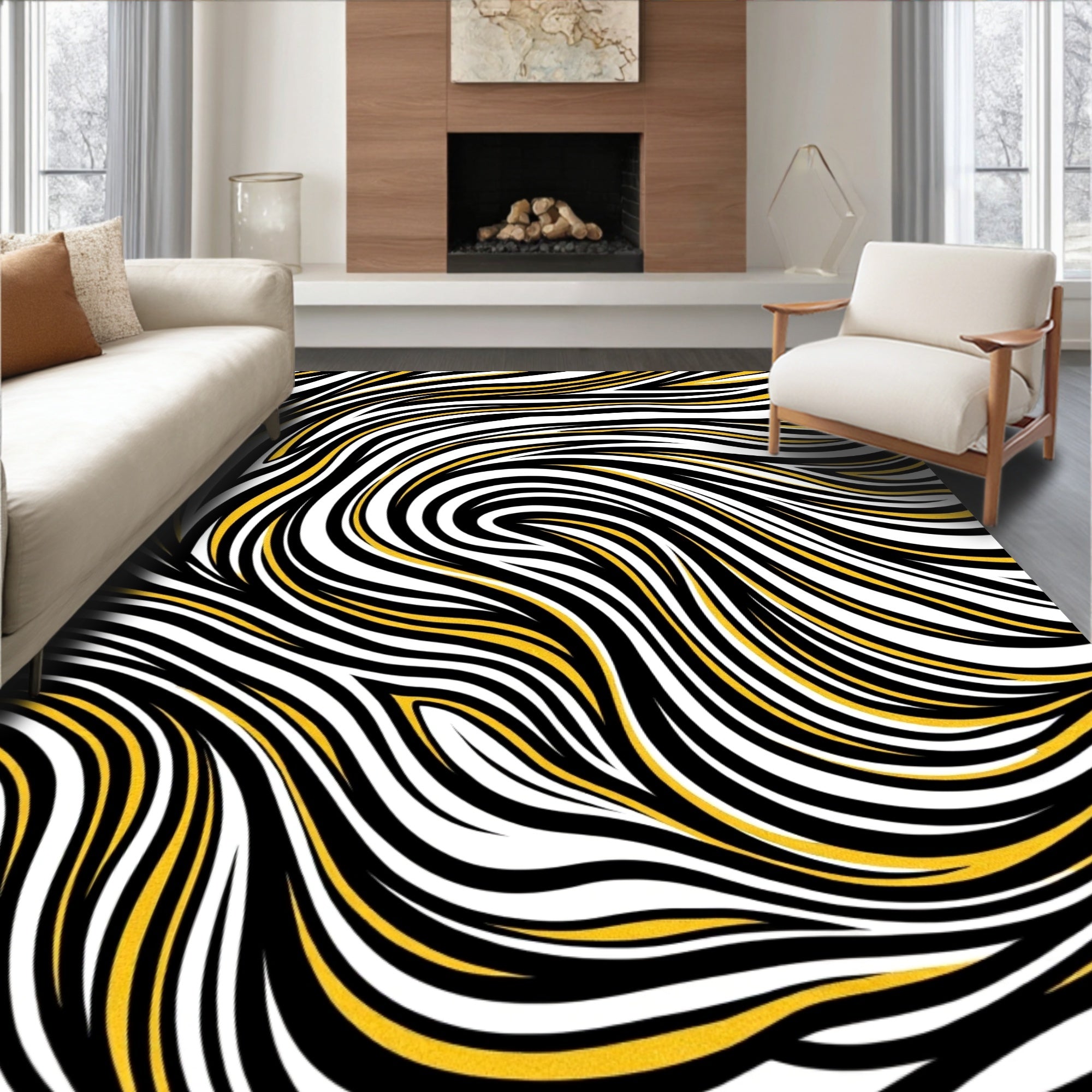 Bold Black Yellow Wavy Stripes Rug