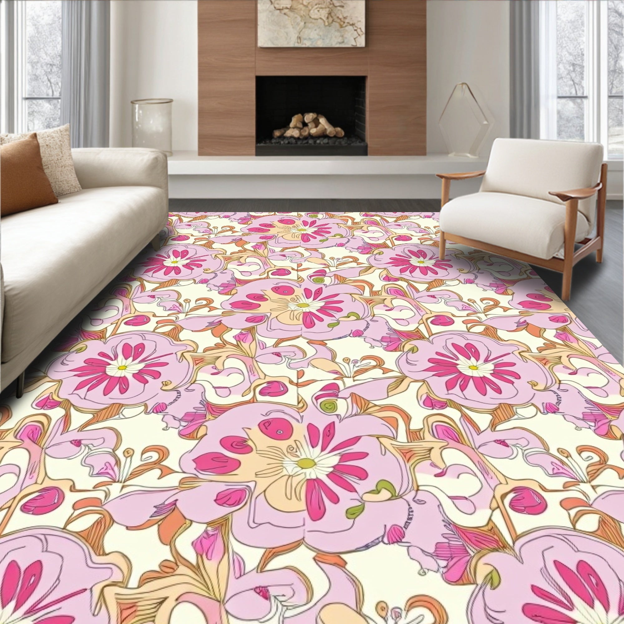 Ornate Pink Floral Pattern Design Rug