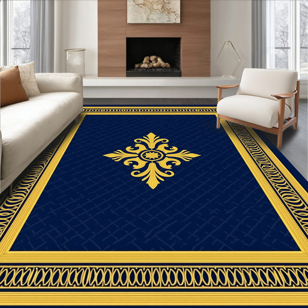 Classic Blue Gold Ornate Scroll Design Rug
