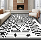 Abstract Maze Geometric Black White Pattern Rug
