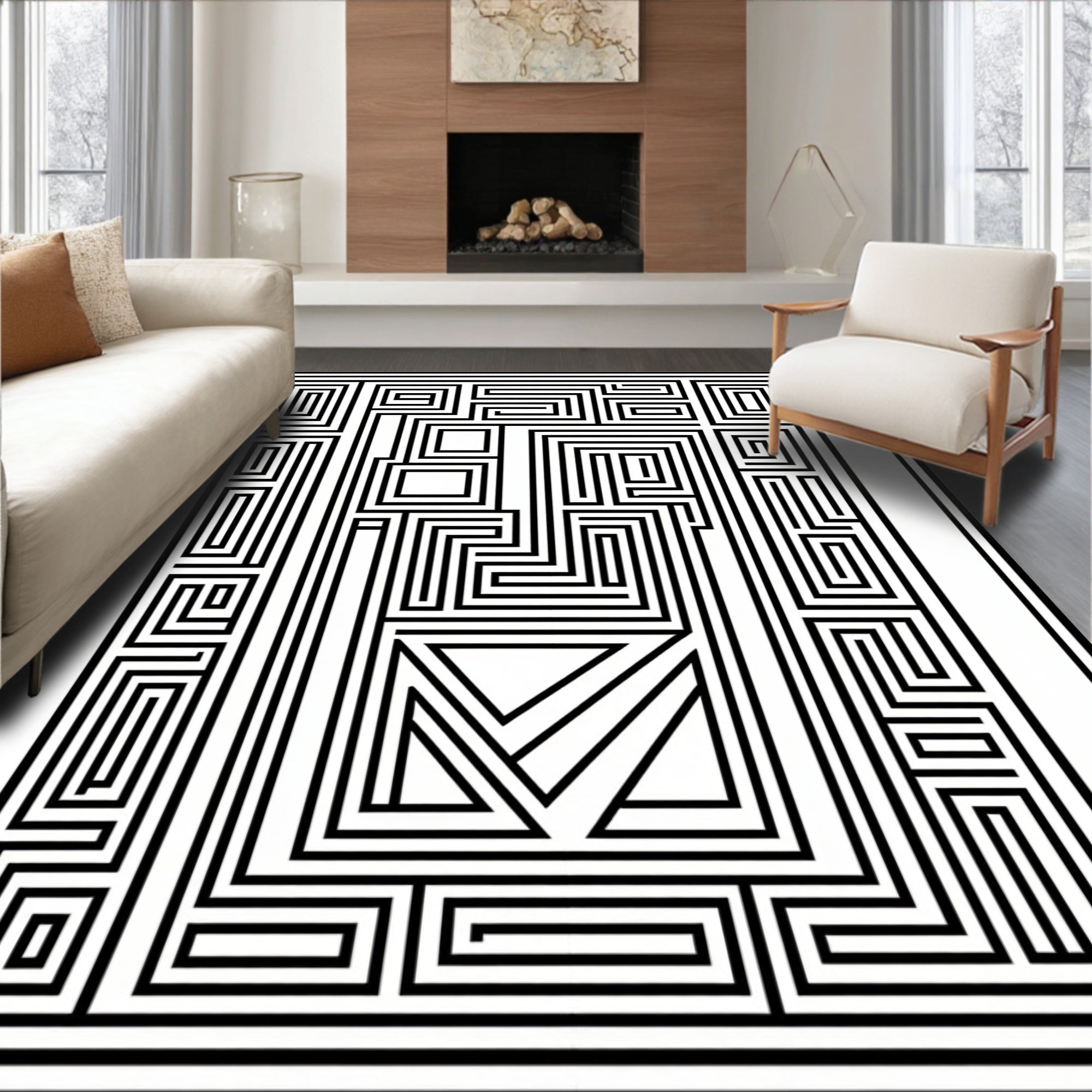 Abstract Maze Geometric Black White Pattern Rug