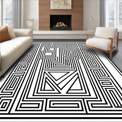 Abstract Maze Geometric Black White Pattern Rug