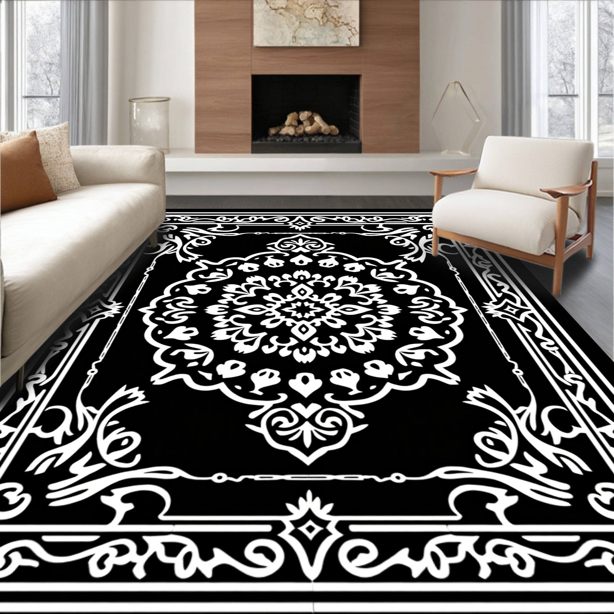 Classic Black White Floral medallion Rug