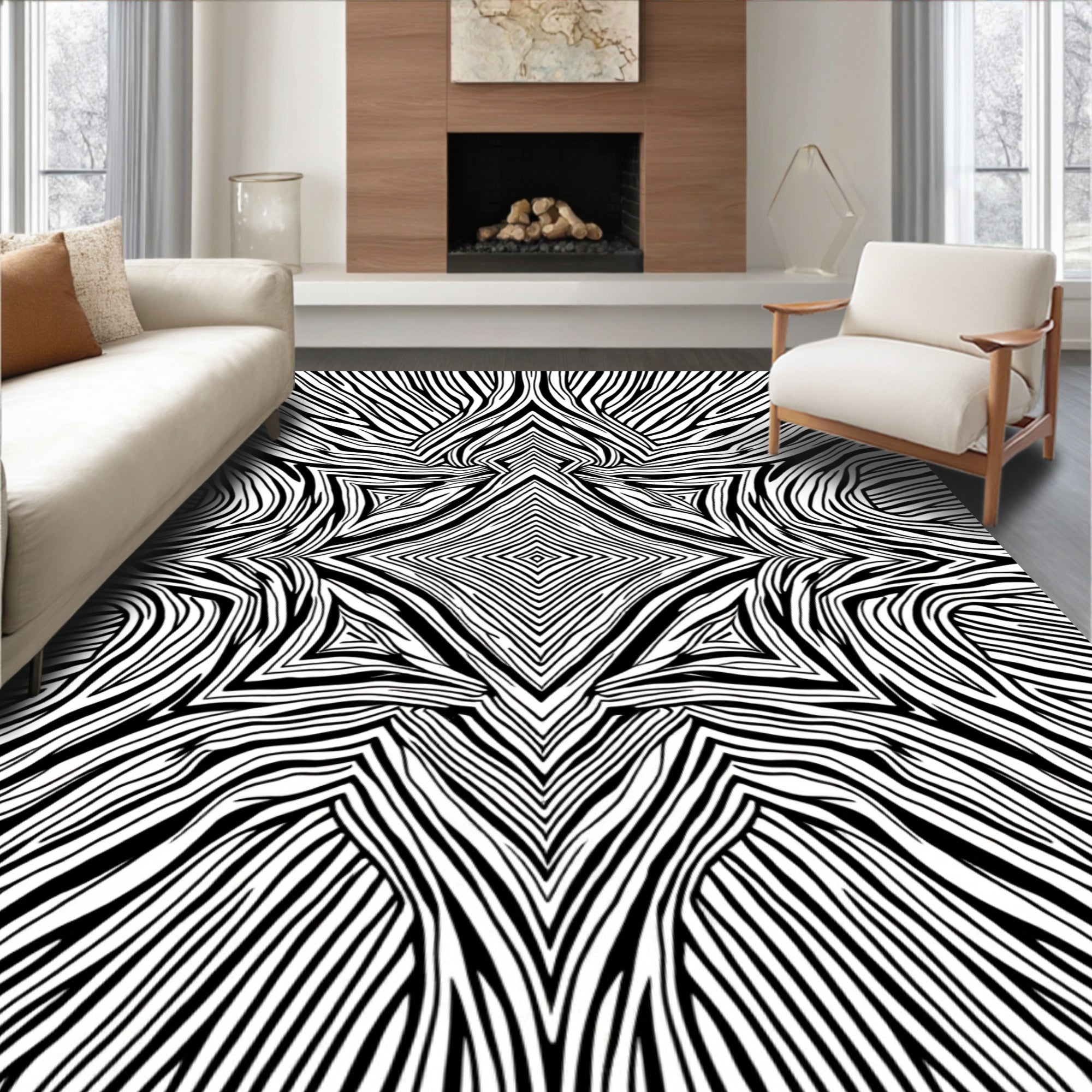 Abstract Black White Stripe Pattern Rug
