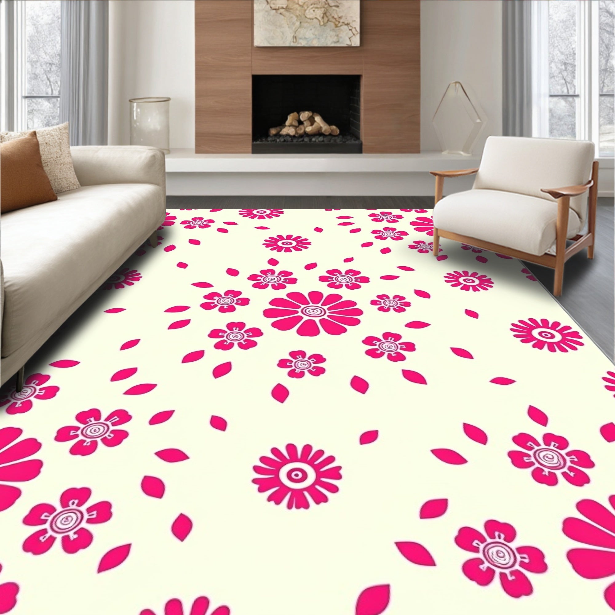 Bright Pink Floral Pattern Rug