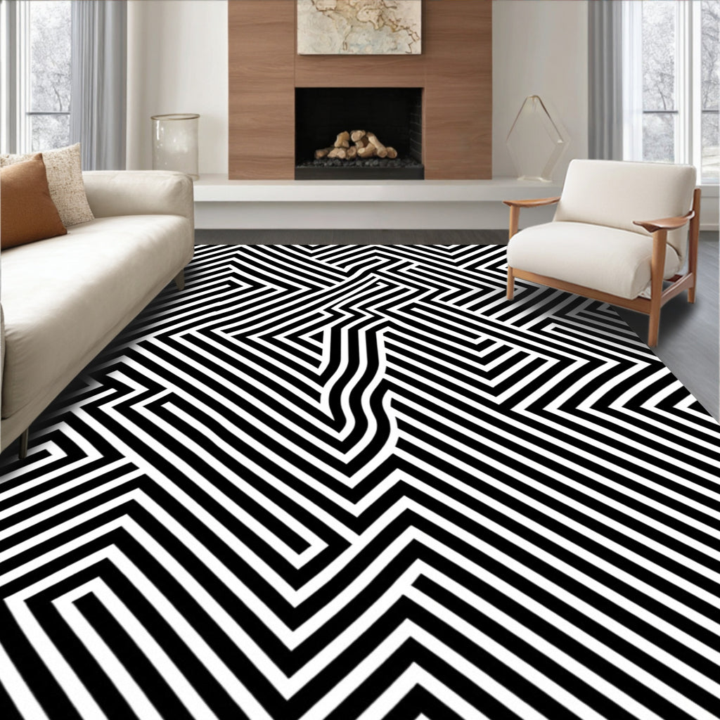 Bold Black and White Geometric Maze Rug