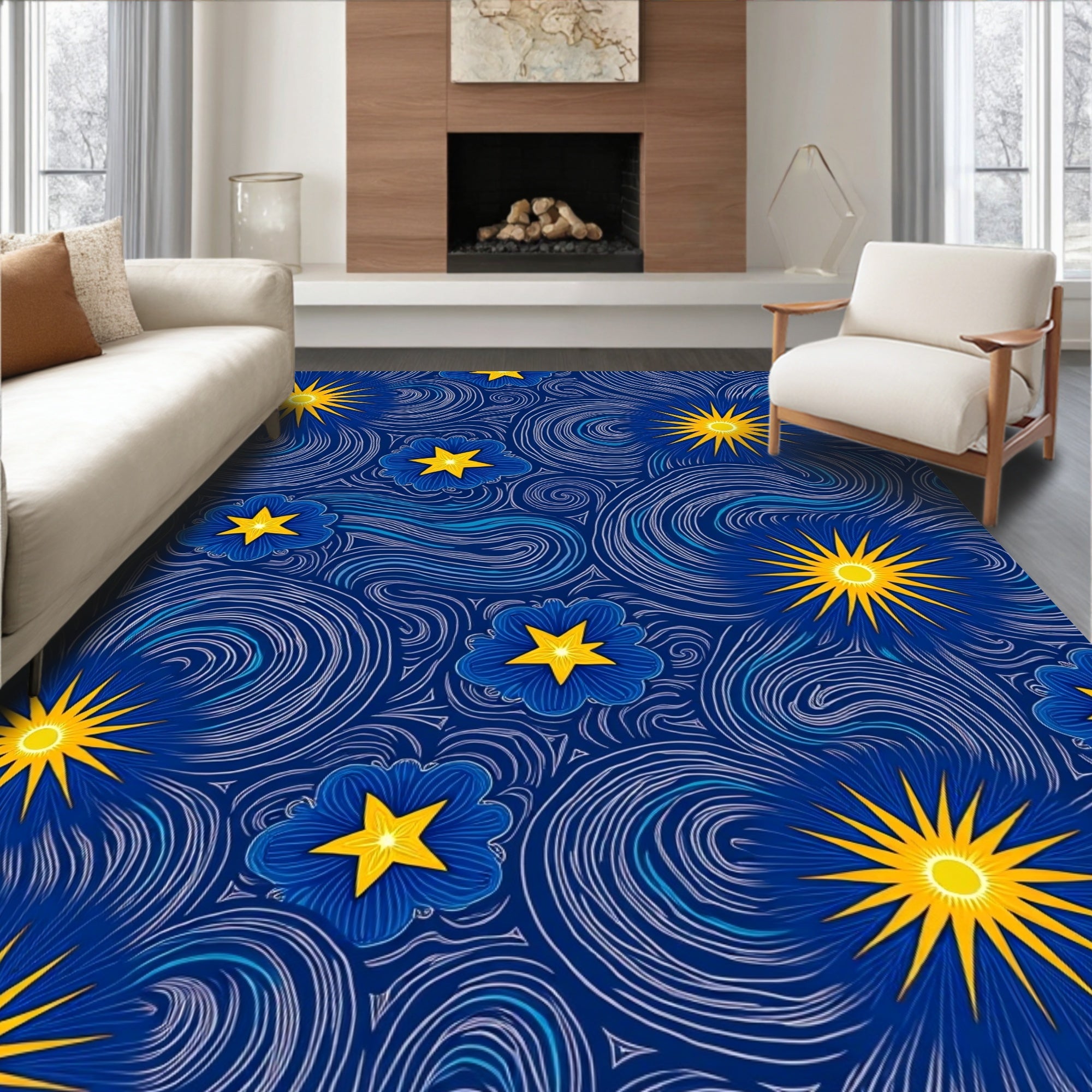 Swirling Starry Floral Pattern Rug