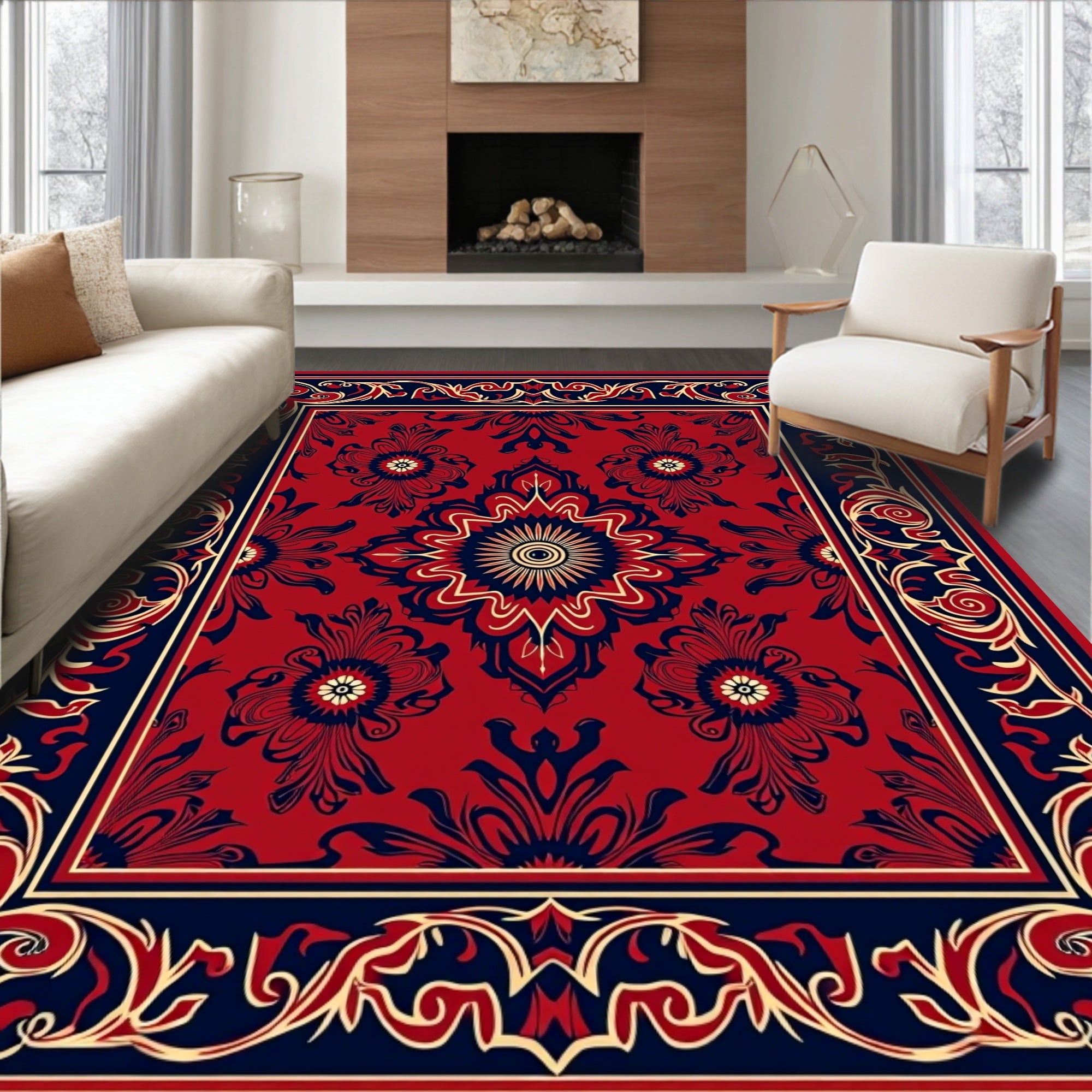 Red Navy Gold Floral Medallion Pattern Rug