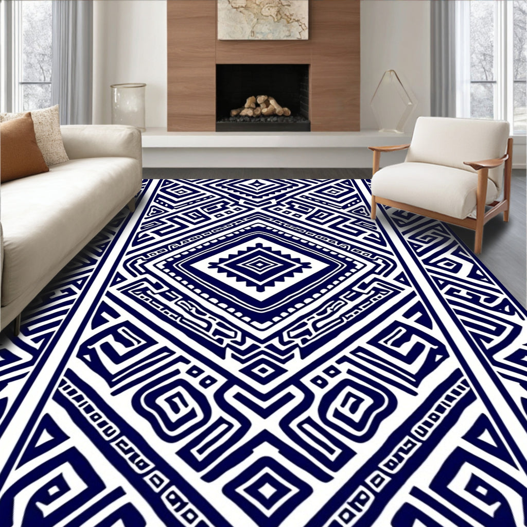 Classic Blue White Geometric Pattern Rug