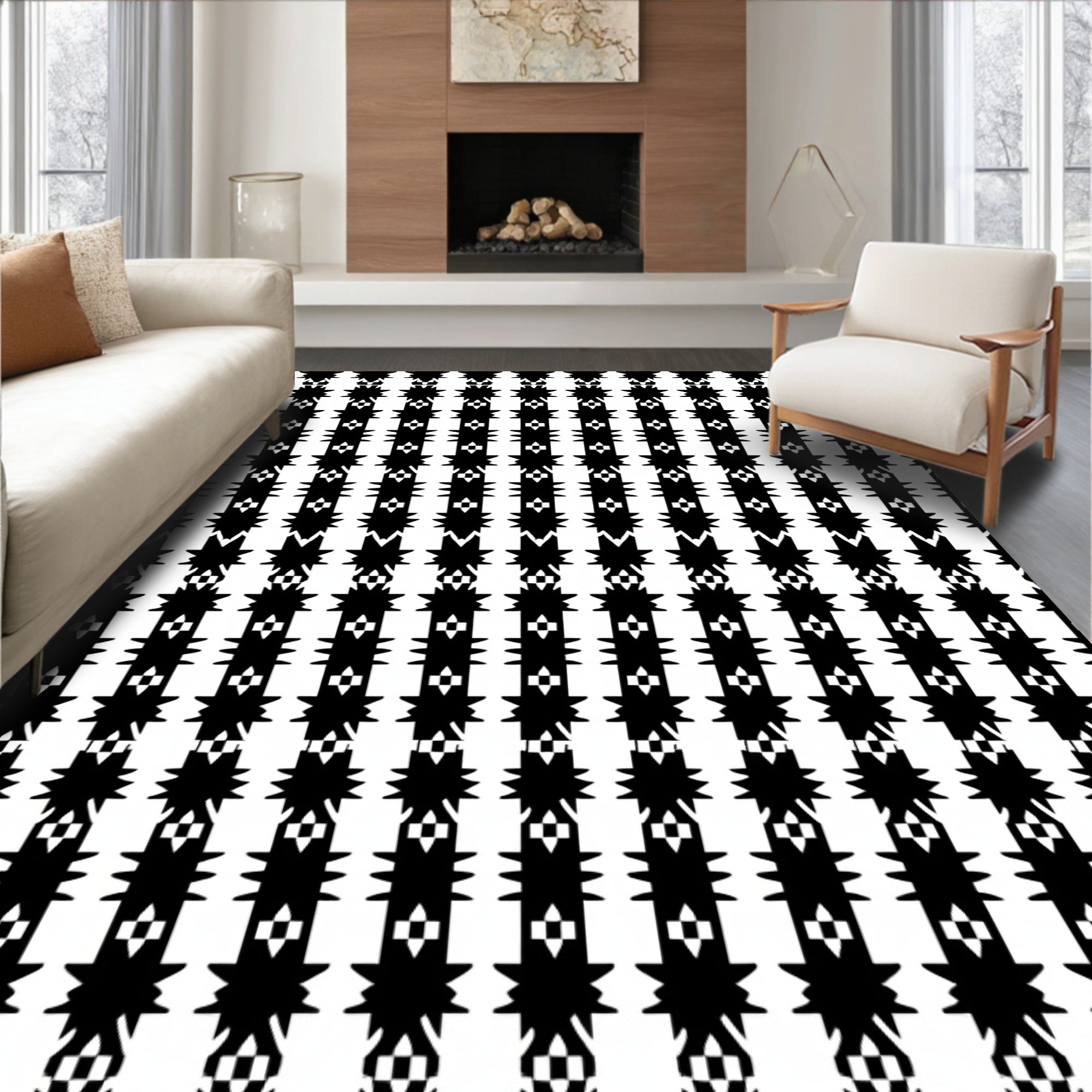 Bold Black White Geometric Stripe Rug