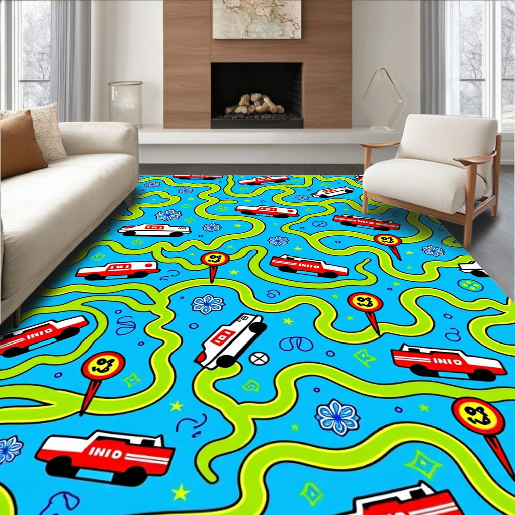 Red White Car Race Track Rug