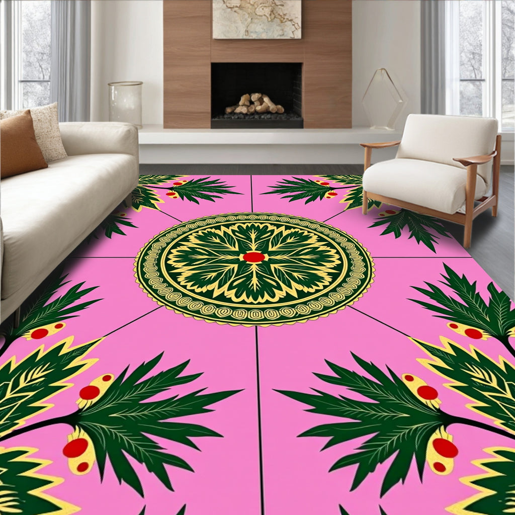 Pink Green Leaf Medallion Floral Rug