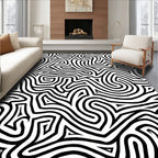 Black White Abstract Maze Pattern Rug
