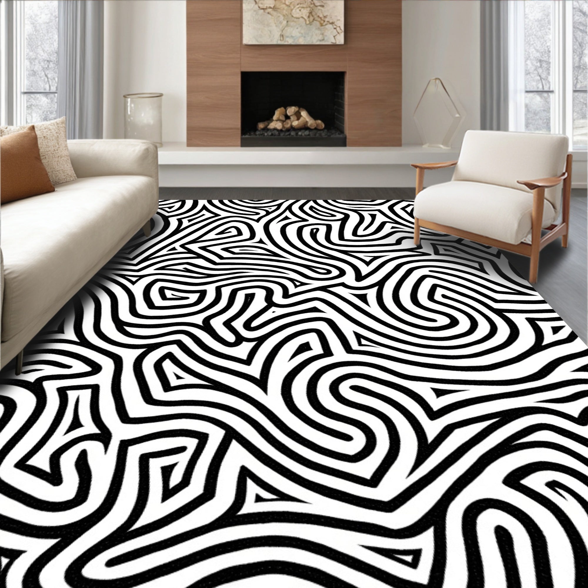 Black White Abstract Maze Pattern Rug