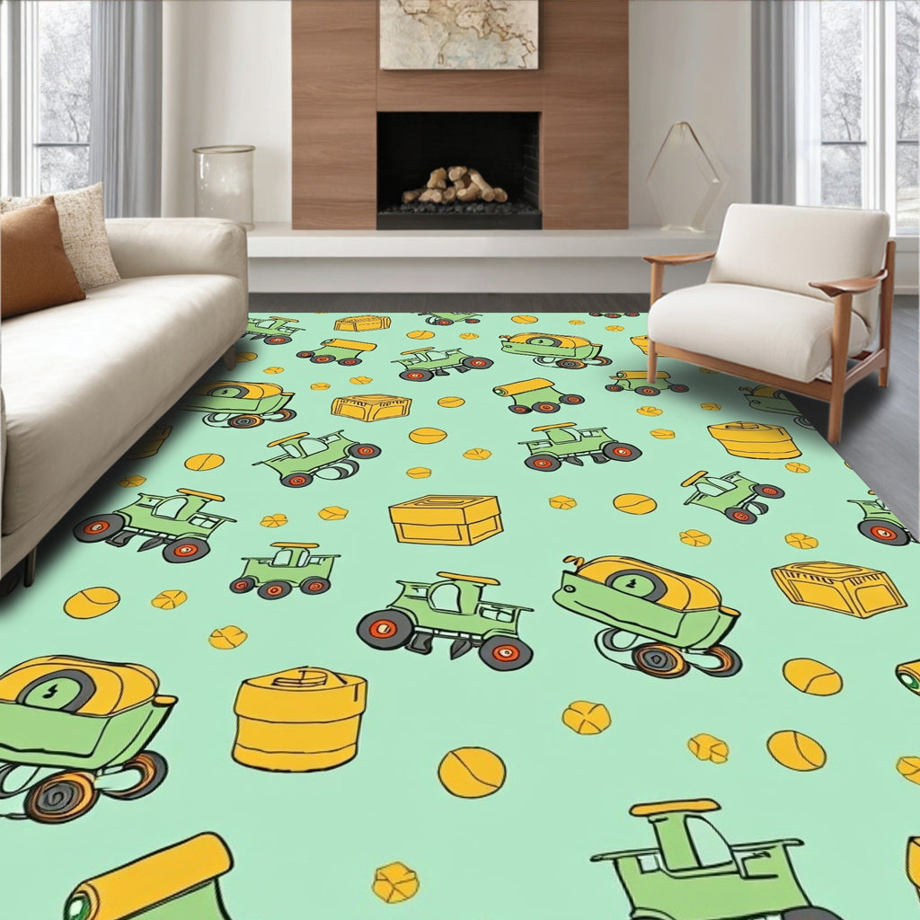 Playful Green Tractors Pattern Rug
