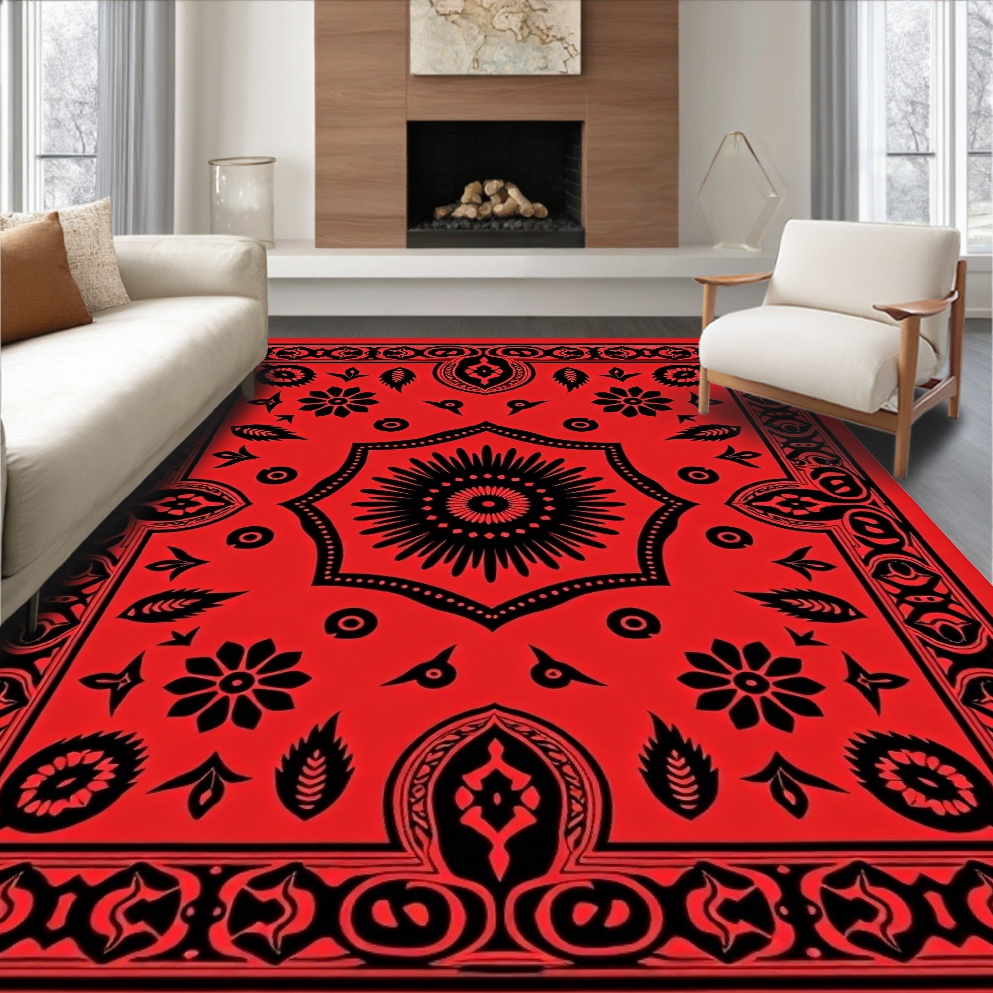 Bold Red Floral Sunburst Ethnic Rug