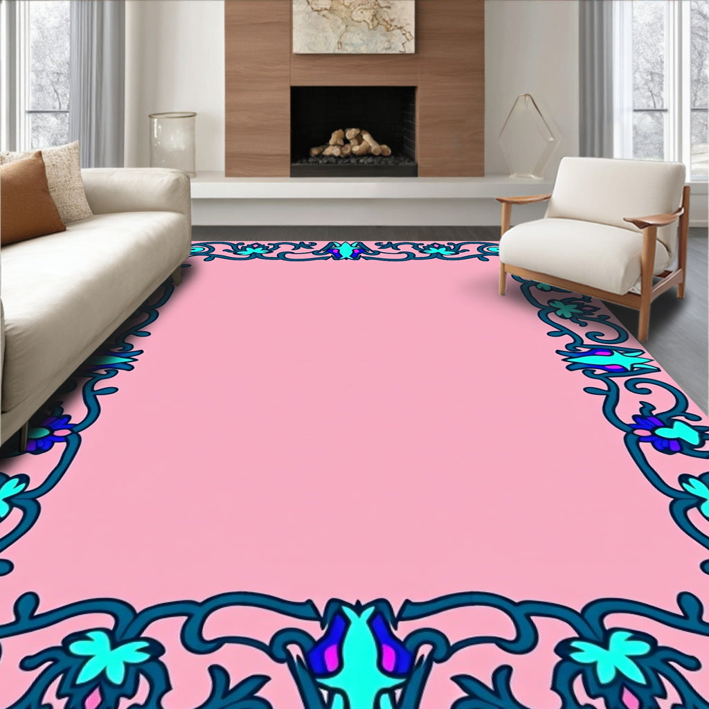 Teal Floral Vine Border Pink Rug